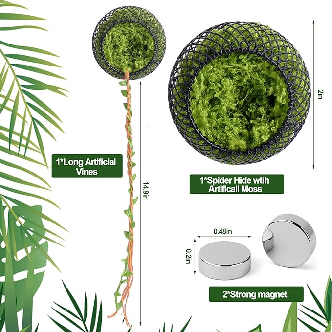 Jumping Spider Hide, Reptile Enclosure Decor— Magnetic Handmade Moss Hideout with Long Rope, Fun Enclosure Accessories for Small Insects Climbing & Hiding