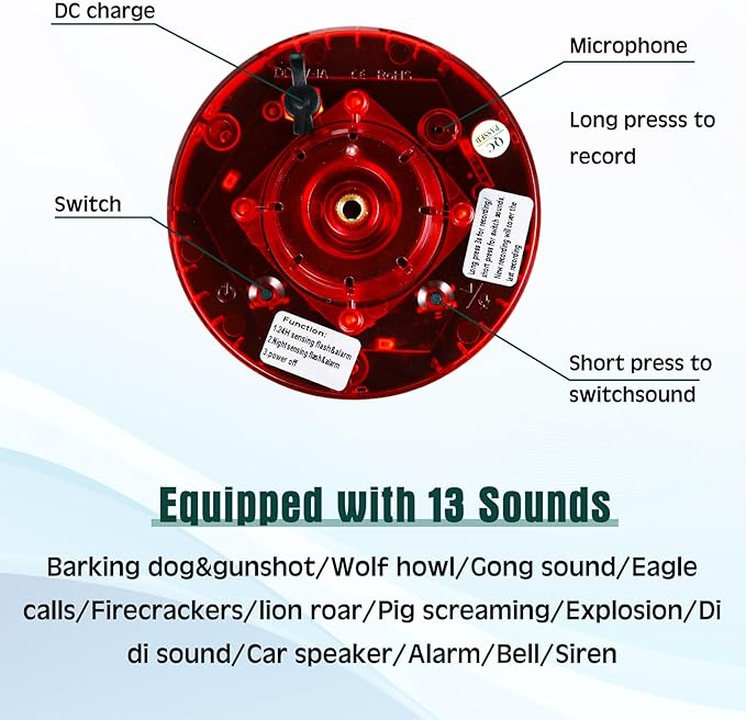 Qualirey 2 Pack Solar Outdoor Motion Sensor Alarm-Dog Barking&Gunshot Sound Support Recording Animal Deterrent for Home Security, 13 Kinds of Sounds (Red)