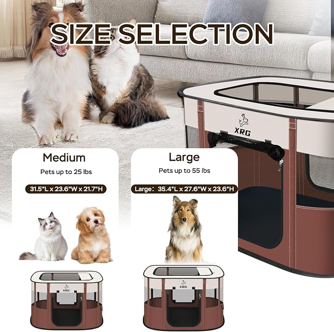 XRG Foldable Pet Playpen,Indoor Cat cage Puppy Crates M(31.5"x23.6"x21.7") | Portable Dog Crates with Upgrade Breathable Mesh，Sturdy Cat Kennel Indoor & Outdoor for Rabbit or Small Animals,Brown