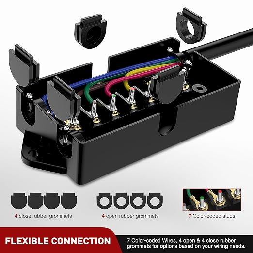 Nilight Heavy Duty 7 Way Inline Trailer Plug with 7 Gang Junction Box | Weatherproof 16 Feet Connector Cable Wiring Extension Harness Suitable for RV Automotives Cars