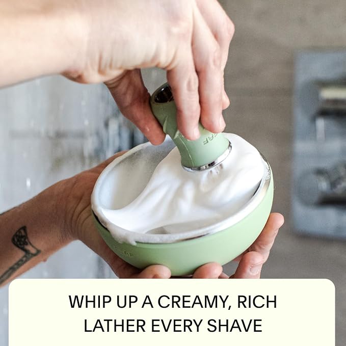 Leaf Shave Leaf Bowl and Brush Set - Grooming Bowl & Lather Brush, Sage | Stainless steel and silicone, compatible with shave soap bars and refills