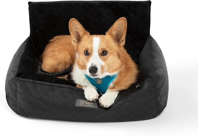 NANDOG Luxury Dog Car Seat Bed for Medium Dogs, Vegan Leather Pet Seat with Removable & Washable Cushion Insert, Thick Safety Seatbelt Straps, Secure Travel Carrier, Black, 22" L x 18" W
