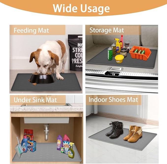 24" x 16" Dog Food Mat, Silicone Pet Mats for Food and Water, Nonslip Pet Feeding Mats for Floors, Dog Cat Bowl Mat with Raised Edges, Dark Gray