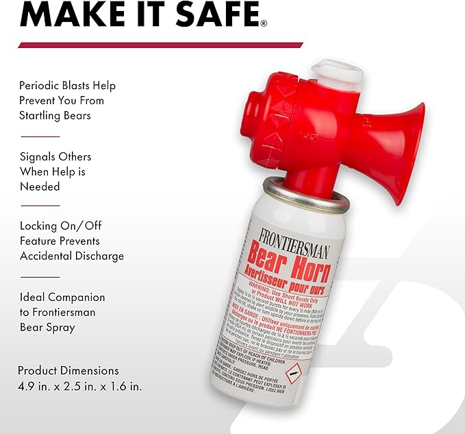 Sabre Frontiersman MAX 9.2 oz. Bear & Mountain Lion Attack Deterrent, Up to 40 ft Range, Contains 2% Major Capsaicinoids + Frontiersman Bear Horn (FBH-LT-AMZ) Kit, Glow-in-The-Dark Safety