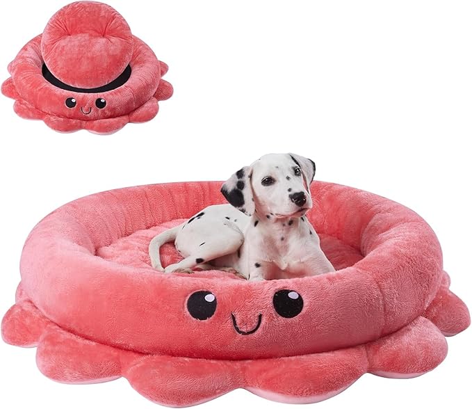 Cute Calming Dog Beds Clearance for Large Dogs, Anxiety Bolster Dog Bed with Octopus Shape, Pink, Red, Boho, Round Pet Bed Cat with Removable Cushion