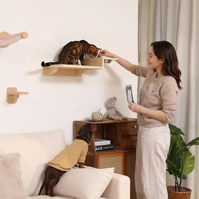 FUKUMARU Cat Wall Shelves, Food Station with 2 Steps | 3 in 1 Cats Walls Furniture Set, Birch Plywood Perch, Suitable for Kitten Play, Nap, Eat, DIY Wall Jungle Gym