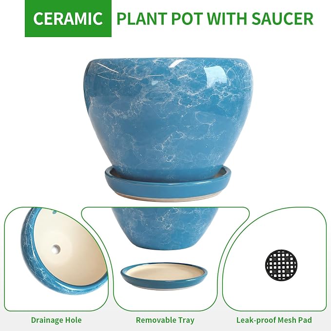 Deep Dream 6 Inch Plant Pots- Ceramic Planter Pot with Drainage Hole and Saucer, Round Flower Pot for Indoor Outdoor Succulent, Snake Plants and Cactus, Gemstone Blue