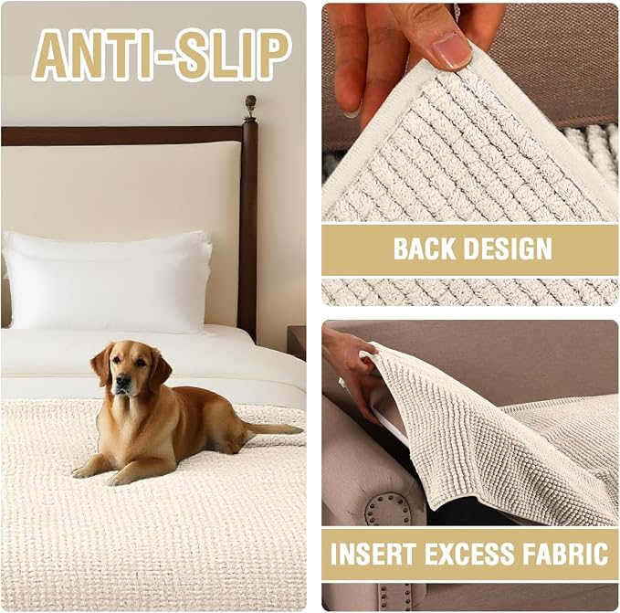 H.VERSAILTEX Plush Chenille Couch Cover for Dogs Pets Blanket for Bed Anti-Slip Soft and Durable Furniture Protector for Small Medium Large Cats Washable (52" x 82", Ivory)