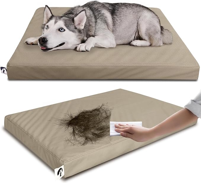 Waterproof Dog Bed for Crate Pad, Leather Brown Hair Resistant Dog Beds with Wipeable Covers, Easy Clean Large Mattress Pet Mat