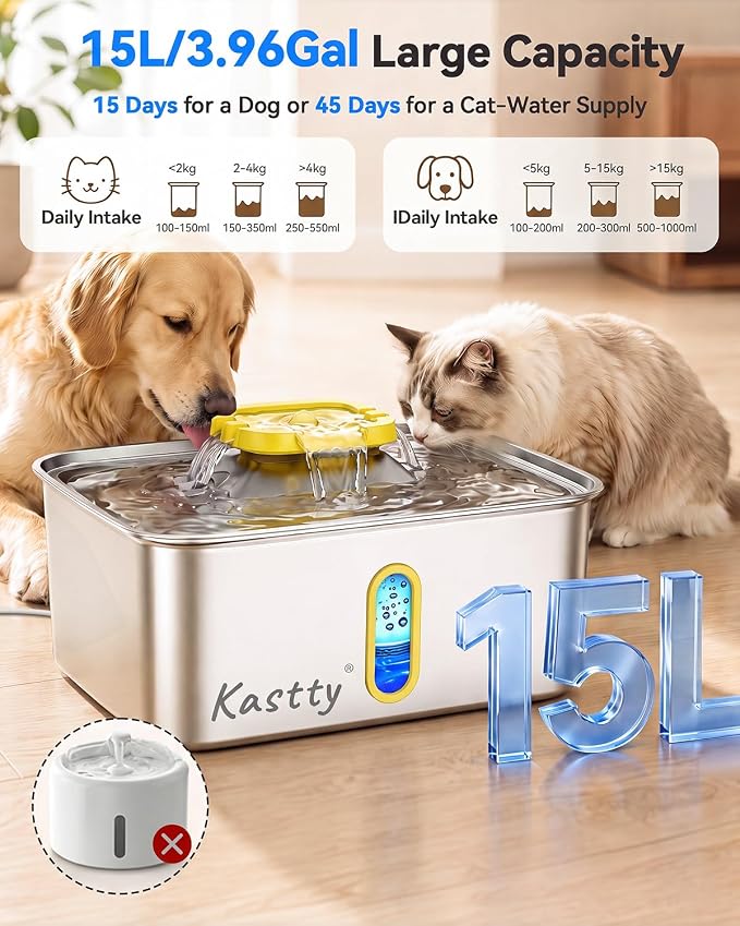 Kastty 15L/4 Gal Stainless Steel Dog Water Fountain Large Capacity,FS78 | Dog Water Bowl Dispenser with Visual Window & LED Light 5-Stage Filtration ,Ultra Quiet Pet Water Fountain Easy Clean,Yellow