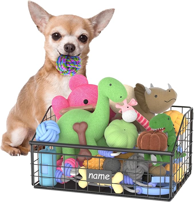 Kaiferty Indestructible Dog Toy basket, Small Toy Box for Dogs, Pet Toy Bin Dog Metal Basket for Toys, Toy Storage Organizer, Cat Toy Box for Living Room Area(Black)