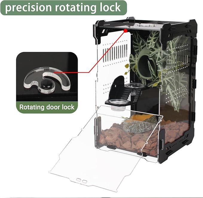 Jumping Spider Enclosure - 3mm Black Transparent Acrylic Terrarium for Tarantulas, Mantises & Frogs, 11.8x5.9x5.9 Inch Mechanical Frame Habitat with Magnetic Feeding Hole & Rotating Lock
