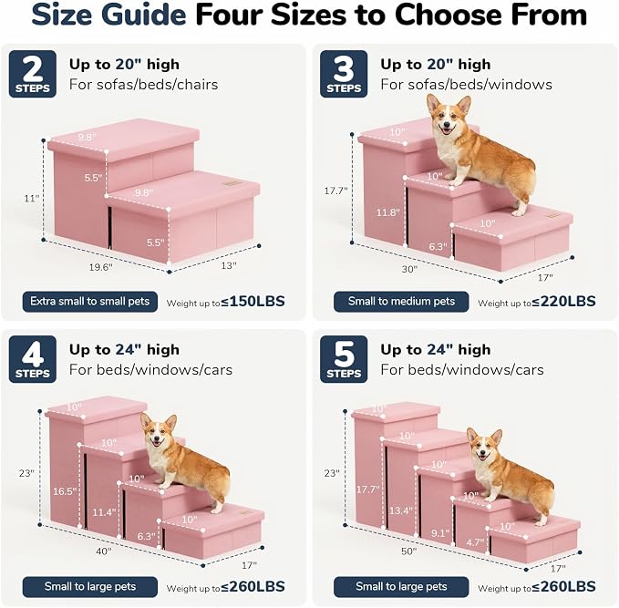 4-Step Wide Dog Stairs with Storage 23" H, Non-Slip Sturdy Pet Steps for High Bed Couch Window, Pet Stairs for Small/Medium/Large Old Dogs Cats Up to 220lbs, Cat Dog Steps for Car/SUV, Pink