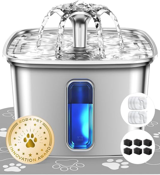 Veken Innovation Award Winner Stainless Steel Cat Water Fountain, 108oz | Automatic Pet Fountain Dog Water Dispenser with 6 Replacement Filters & Silicone Mat for Cats, Dogs, Multiple Pets (Silver)