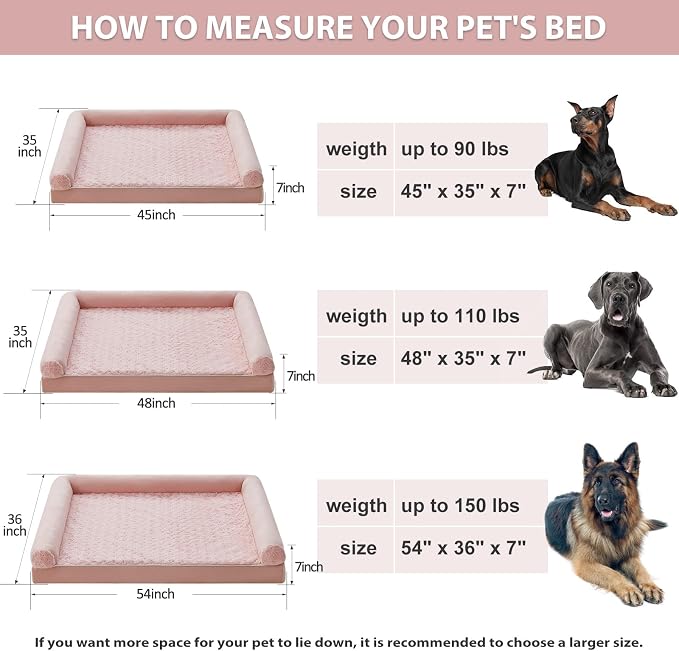 BFPETHOME Orthopedic Washable XXL Dog Bed for Senior Dog Cozy Sleep | Extra Large Waterproof Big Soft Pet Couch Bed for Dogs Relax with Removable Cover Supportive Egg Crate Foam Pink 54x36 Inch