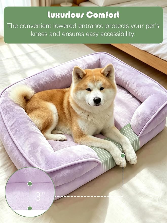 Spotted Play Orthopedic Dog Bed with Sides - Sofa Beds for Extra Large Dogs, Supportive Foam Pet Couch Bed with Washable Removable Cover, Waterproof Lining and Non-Slip Bottom, Purple - XL-Plus