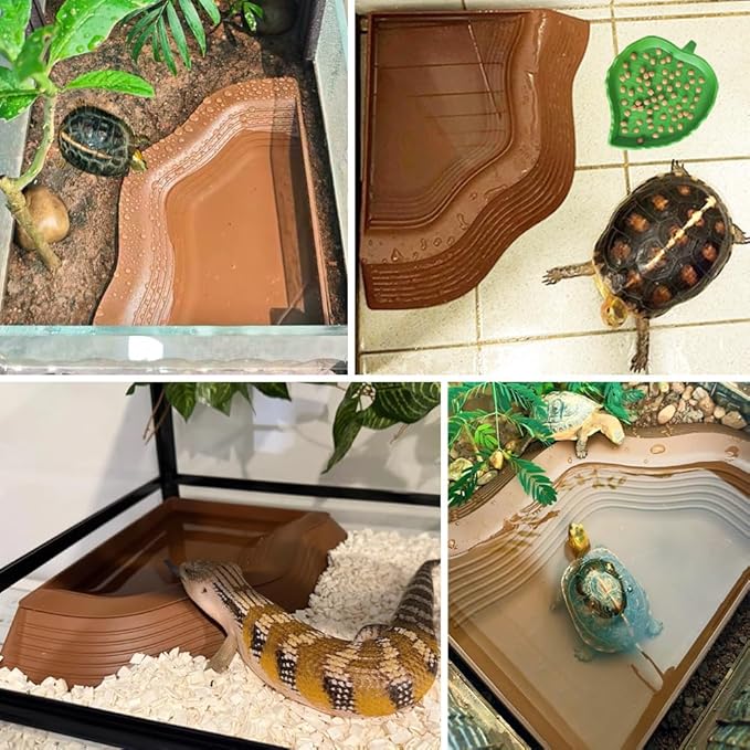 3 Pcs Large Tortoise Water Dish with Ramp Leaf Tortoise Water Food Bowls Reptile Water Dish Amphibians Habitat Accessories for Lizard Turtle Horned Frog Brown