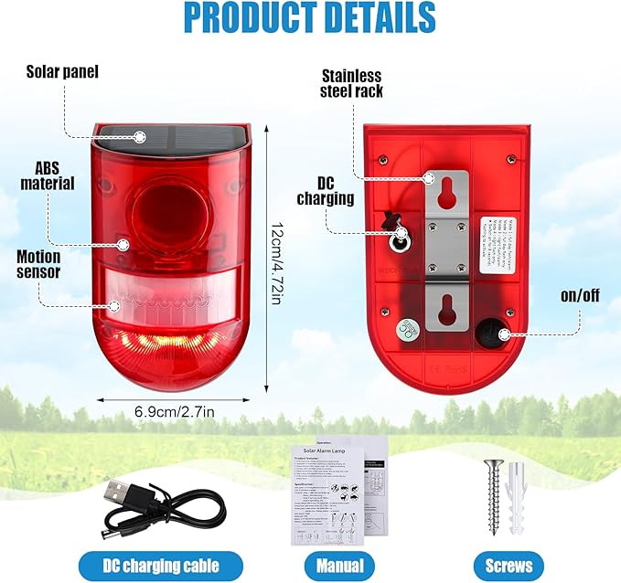 Qualirey Lot de 6 capteurs de mouvement solaires avec alarme sonore et lumineuse 129 dB Sirène de sécurité extérieure étanche Détecteur de mouvement activé Alarme 6 LED Système stroboscopique clignotant pour la maison, la ferme (rouge)