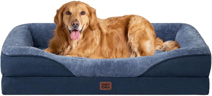 EHEYCIGA Orthopedic Dog Bed for Large Sized Dog, 45x35 Inch Large Memory Foam Dog Couch Bed with Sides, Waterproof Liner & Washable Removable Cover, Bolster Pet Sofa, Navy