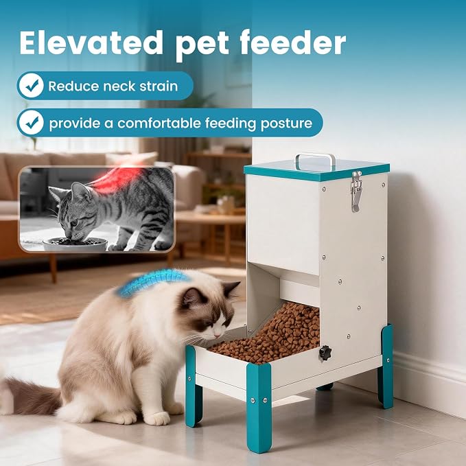Automatic Cat Feeder, Elevated Dog Bowl Food Dispenser Gravity | 10L Galvanized Automatic Dog Feeder Elevated Cat Feeder Removable Feeding Tray Raised Pet Feeder for Dogs and Cats