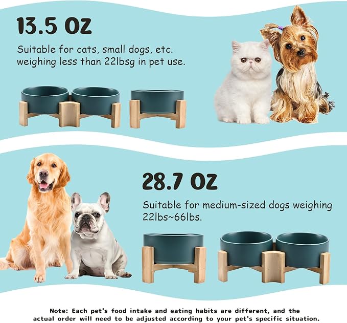 SPUNKYJUNKY 15° Slanted Ceramic Dog and Cat Bowl with Wooden Stand, Tilted Bulldog Food and Water Bowl No Slip Non-Spill for Cats Medium Dogs Big Face Pets 28.7 OZ (3.6 Cups, Green)