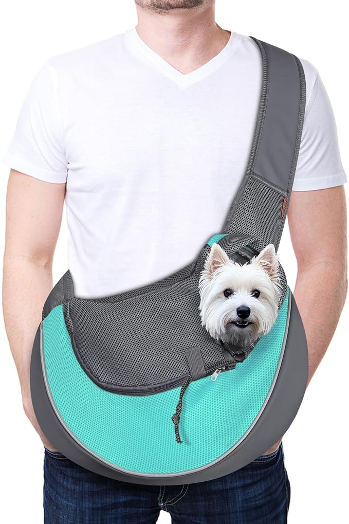 YUDODO Pet Sling Carrier for 10-15 lbs Small Dogs Puppy Crossbody Carrier | Hands-Free, Safety Hook, Large Zipper Pocket, Soft Breathable Mesh, Adjustable Strap, Reflective Strip, Cyan, L