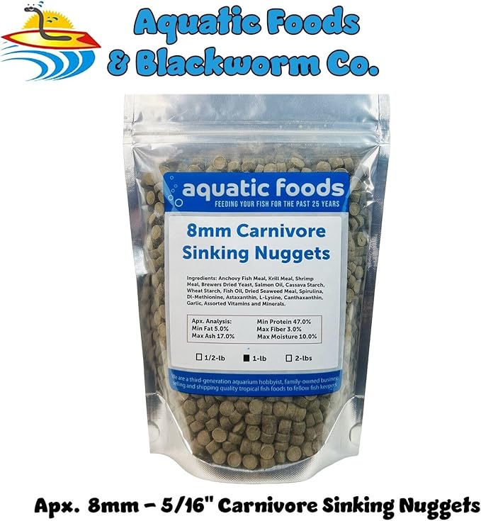 Aquatic Foods Inc. 8mm - 5/16" Carnivore Sinking Pellets for Carnivore Cichlids, Catfish, Monster Fish, Bottom Fish, All Large Fish, Also Koi & Pond Fish. - WL…1-lb Foil Pouch Bag