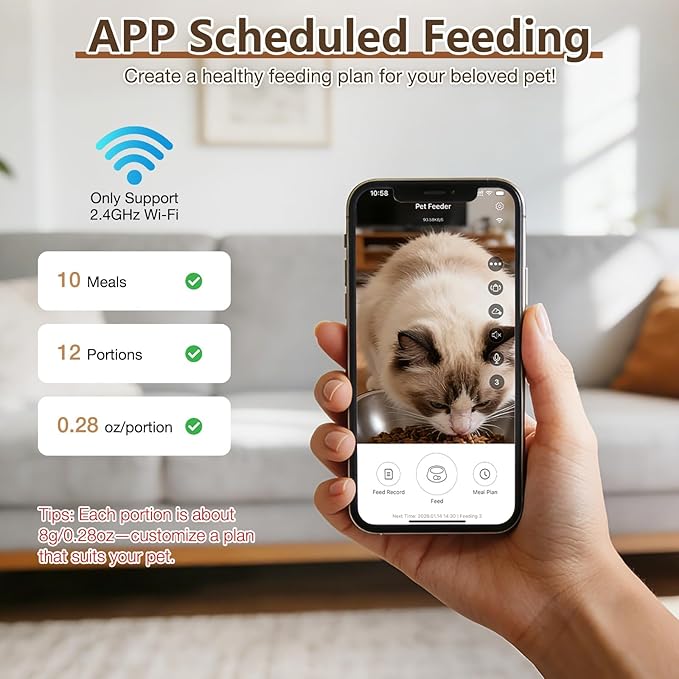 カメラ付き自動猫給餌器、5L/28カップ WiFi猫自動給餌器 双方向音声通信、アプリ制御、強力な詰まり防止システム ナイトビジョン付きスマート定時給餌器 小型ペット屋内用