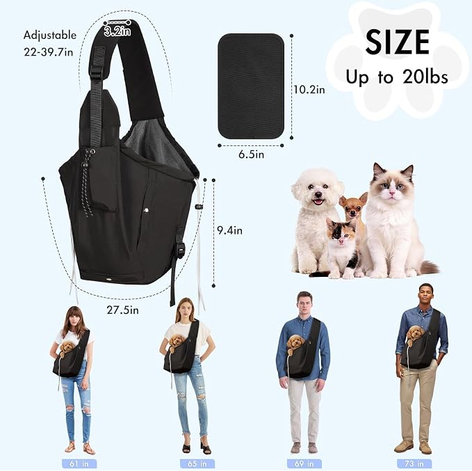 Dog Carrier Sling, Puppy Carrier Sling 20 lbs, Black | Dog Carriers for Small Dogs & Cats With Pockets, Machine Washable, Adjustable Shoulder Strap, Hands Free for Outdoor Use