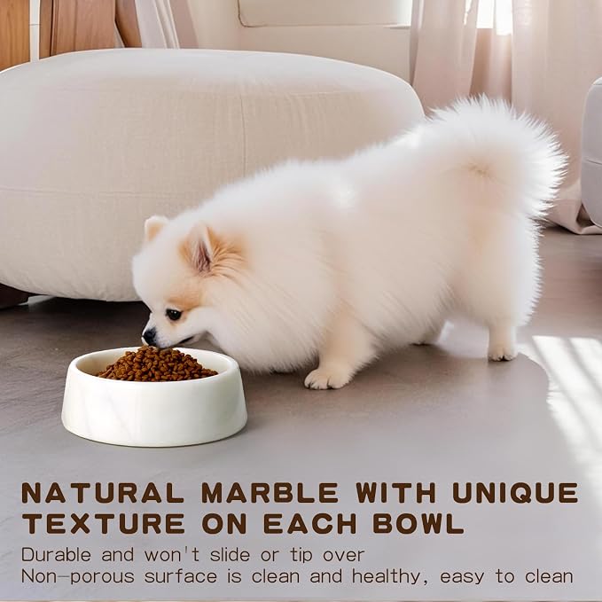 SAMAH White Marble Dog Bowl, Non-Slip Non-Tipping Heavy Dog Food Bowl, Large Weighted Stone Dish, Natural Marble Dog Water Bowl, Easy to Clean, Gifts for Cat & Dog Lovers, Holds 6 Cups(6 lbs)