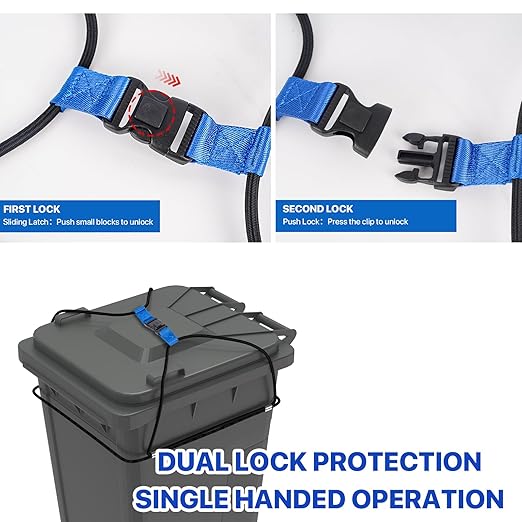 4 Pack Trash Can Locks for Animals, Double Lock Garbage Can Lock Bungee Cord, Bear Deterrent Animal Proof Trash Can Straps Keep Raccoons Out of Garbage, 30-50 Gallon TrashCan Lid Lock