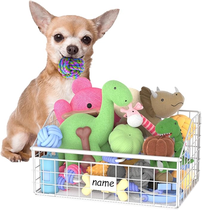 Kaiferty Indestructible Dog Toy basket, Small Toy Box for Dogs, Pet Toy Bin Dog Metal Basket for Toys, Dog Toy Storage, Dog Storage Organizer, Cat Dog Toy Box for Living Room Area (White)