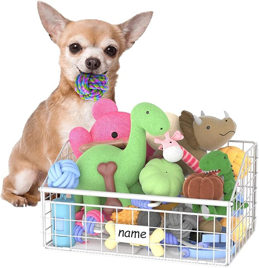 Kaiferty Indestructible Dog Toy basket, Small Toy Box for Dogs, Pet Toy Bin Dog Metal Basket for Toys, Dog Toy Storage, Dog Storage Organizer, Cat Dog Toy Box for Living Room Area (White)