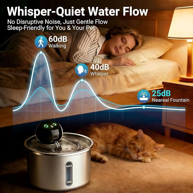 Cordless Cat Water Fountain, 3L Stainless Steel Quiet Pet Water Fountain | 5000mAh Rechargeable Battery, 101oz Large Capacity, 3 Flow Options, 4 Replacement Filters, Cats & Small Dogs