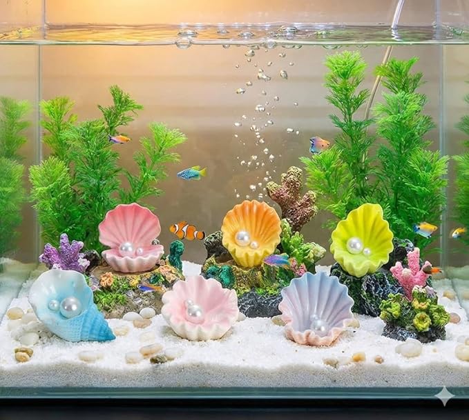 6 Pcs Mini Resin Pearl Seashell Ornaments, Artificial Ocean Clam Shells for Aquarium Decoration, Cute Fish Tank Accessories for Betta, Shrimp, Hermit Crab - Underwater Landscape Decor