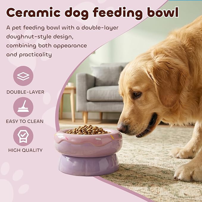 Donut Duo Ceramic Dog Bowl, Dog Water Bowl and Dog Food Bowl, Pet Bowls (Purple)