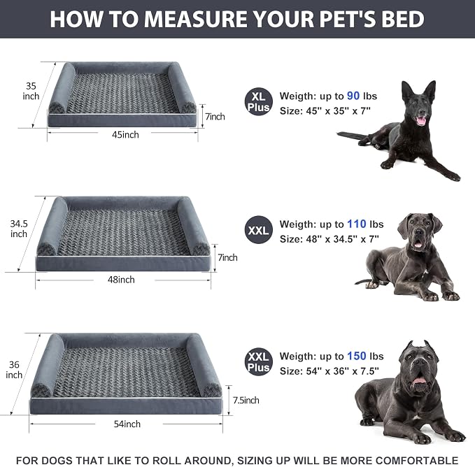 BFPETHOME Orthopedic Washable XXL Dog Bed for Senior Dog Cozy Sleep | Extra Large Waterproof Big Soft Pet Couch Bed for Dogs Relax with Removable Cover Supportive Foam Dark Grey 48x35 Inch