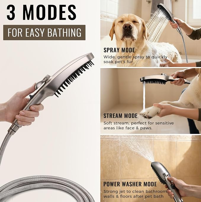 G-Promise 3 Mode Dog Shower Attachment with Pause Mode | High Pressure, Built-In Brush for Wash & Groom, Extra Long Hose, Easy Install, for Indoor & Outdoor Use