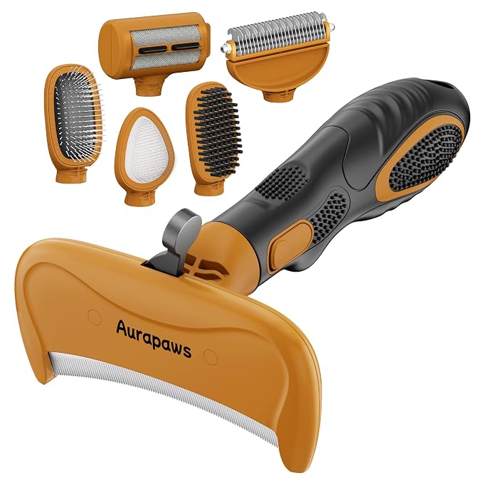 Deshedding Dog Brush Grooming Kit for Dogs Cats, All Hair Types | 6-in-1 Interchangeable Heads for Short, Medium & Long Coats, Reduce Loose Fur, Gentle Deshedding, Undercoat & Knot Detangling