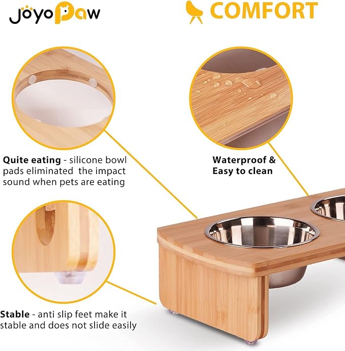 Elevated Dog Bowls, Bamboo Raised Dog Bowl for Small Dogs & Cats, with 2 Stainless Steel Bowls (4'' Tall-20oz Bowl)