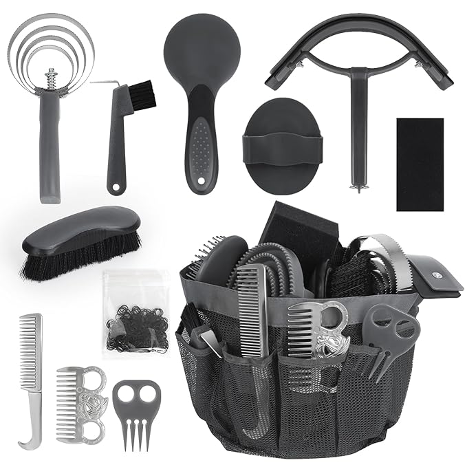 Horse Grooming Kit 12 Pieces Set – Complete Horse Brushes & Care Supplies Set with Organizer Tote Bag, Equine Coat Grooming Tools, Tack Room Equipment & Gifts for Horse Owners & Lovers