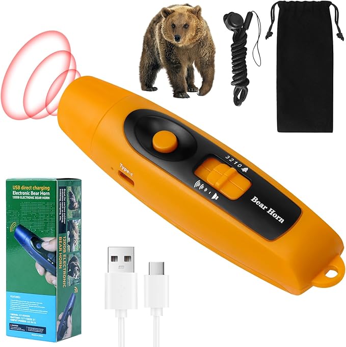 120±5 dB Rechargeable Bear Horn, Electronic Air Horn for Bears with 4 Volume Levels & 3 Tones, Whistle Bear Bells LED Safety Light for Hiking Camping Emergency, Wildlife Defense