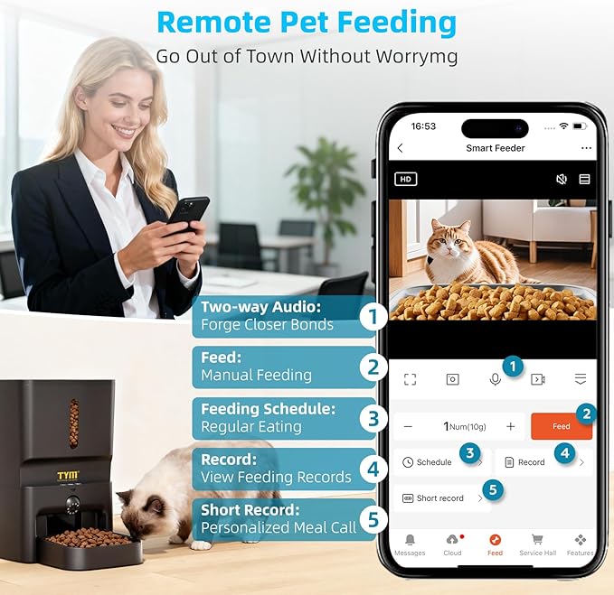 TYM 7L Automatic Cat Feeder with 2K Camera - 5G WiFi Cat Timed Food Dispenser with Smart APP Control, Programmable Timed Feeding, Night Vision, 2-Way Audio, Laser Interactive, Easy Setup
