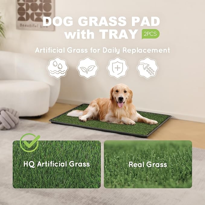 HQ4US 4LEGS Dog Grass Pad with Tray, Dog Litter Box with Artificial Grass | Extra Large Grass Pee Pads for Indoor Dogs Potty Tray with Grate, Grass Hemmed Edge, Realistic, Less Stink Toilet for Balcony