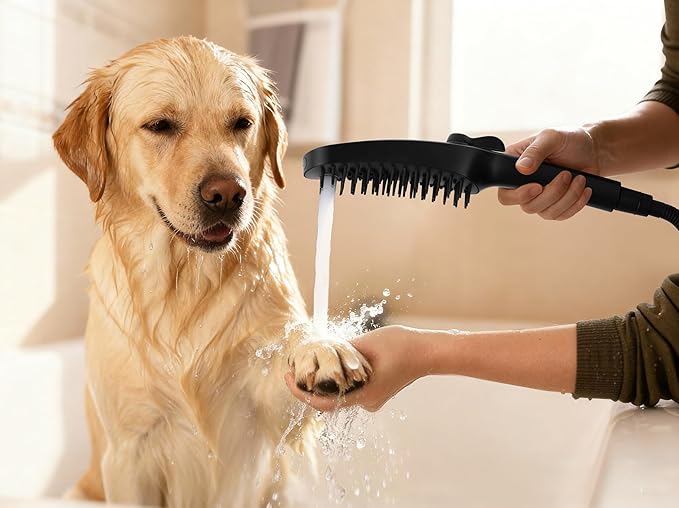 G-Promise 3 Mode Dog Shower Attachment with Pause Mode | High Pressure, Built-In Brush for Wash & Groom, Extra Long Hose, Easy Install, for Indoor & Outdoor Use