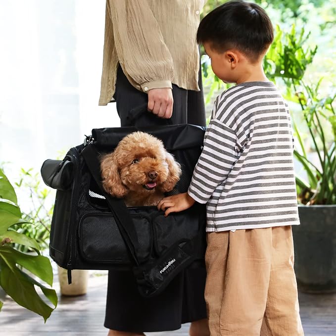 FUKUMARU Cat Carrier, Airline Approved Dog Carrier with Rollable Cover | Breathable Soft Cat Carrier, Multiple Doors & Storage Pockets Cat Travel Bag, Durable Pet Carrier for Cat Under 15 lb, Black