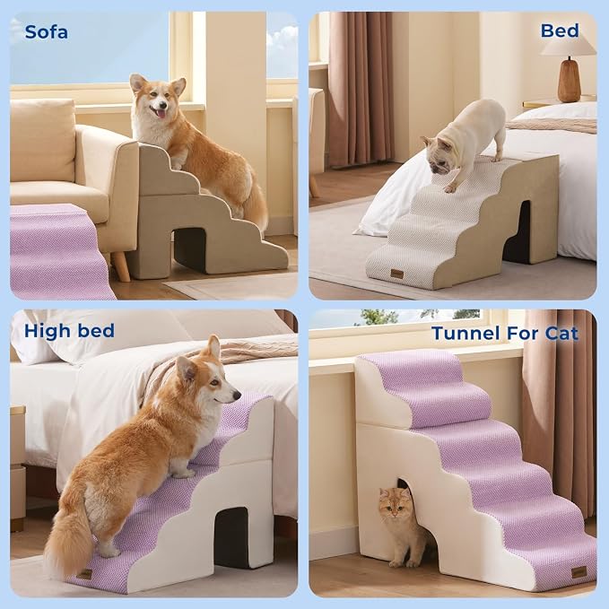 ZOMISIA Dog Ramp for Large Dogs with Tunnel, 24" H 5 Steps for High Bed | Tunnel 2 in 1 with Zippers, Suitable for Puppy and Older Cats for couch, Non-Slip Durable Dog Steps with High-Density Foam