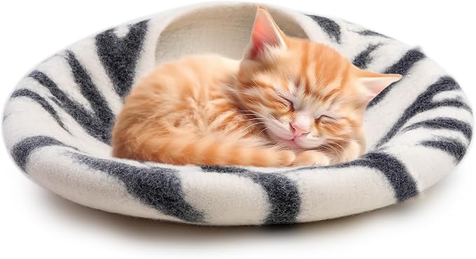 Luxurious Merino Wool Cat Cave - Foldable Hideaway Pod for Indoor Cats - Premium Felt Kitten Pet Enclosure - Covered Cat House for Ultimate Cozy Comfort by Woolygon (Zebra)
