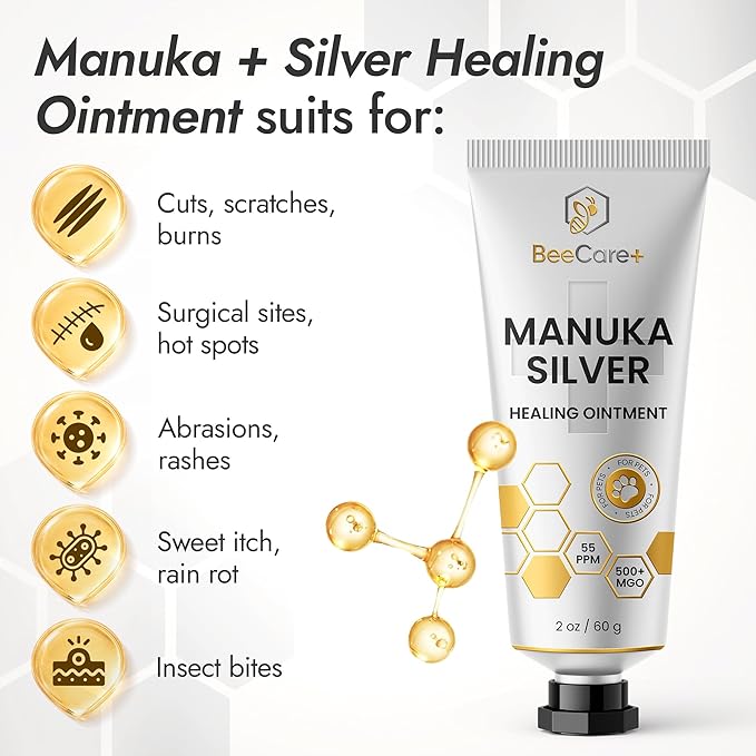 Manuka Honey Ointment 500+ MGO – Dog Hot Spot Treatment for Scratches, Burns, Irritations – Cat Wound Care with 55-PPM Colloidal Silver for Dogs – Manuka + Silver Healing Ointment in a 2-oz Tube