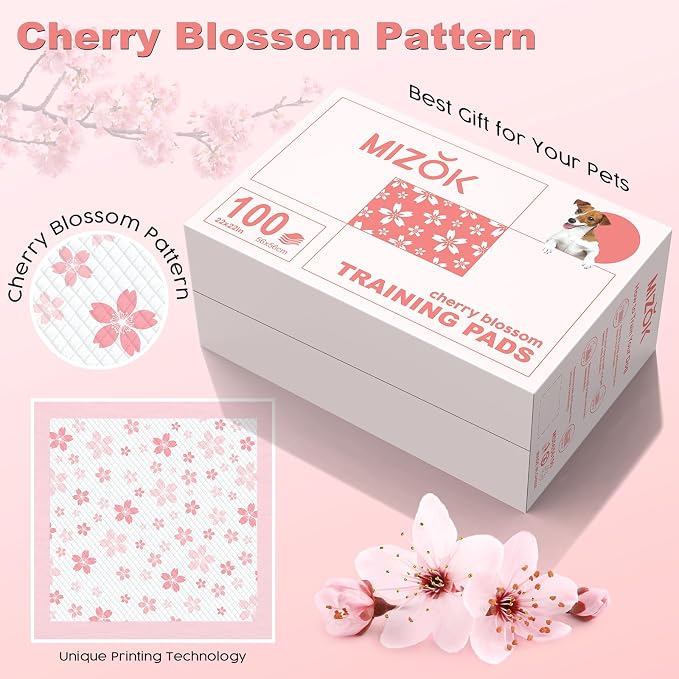 MIZOK Pink Puppy Pads with Adhesive Tabs Disposable No Leak 22x22in 100Ct | Cute Cherry Blossom Designs Feature Pheromone Attractant for Fast Training Small Dog Potty Pads Ideal for Female Puppy Needs